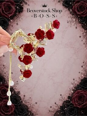 New Gold Rose Vine Hair Clip with Pearls & Rhinestone Leaves